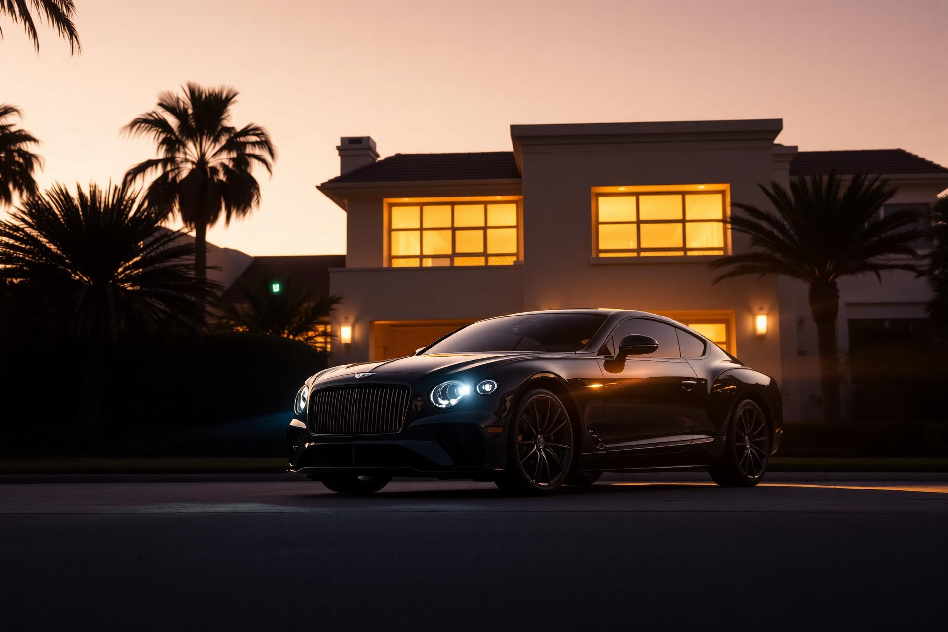 Luxury vehicle at a Southern California estate during golden hour